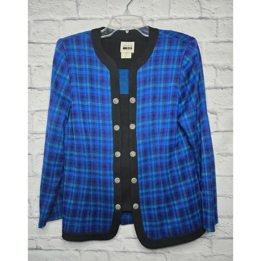 Vintage Leslie Fay plaid gingham blazer jacket blue office career size 12.